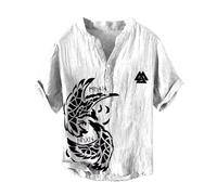 Caxndycing Camicia da uomo vichingo, mito nordico, a maniche corte, per il tempo libero, con motivo, di media lunghezza, comoda, con bottone, camicia hawaiana, camicia estiva da spiaggia, a maniche