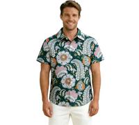Caxndycing Camicia hawaiana da uomo, vestibilità normale, estiva, per il tempo libero, alla moda, con stampa a fiori, con bottoni, a maniche corte, taglie forti, verde scuro, 3XL