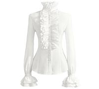 Caxndycing Camicie da donna vintage vittoriane, maniche a tromba, top a maniche lunghe, steampunk, camicetta vittoriana, con volant, scollo alto, con bottoni, camicia vittoriana