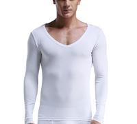 Caxndycing Canottiera intima termica da uomo, a maniche lunghe, in cotone, con scollo a V, morbida, elasticizzata, a maniche lunghe, tinta unita, maglietta termica