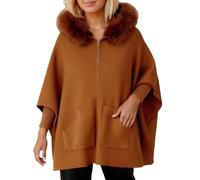 Caxndycing Cardigan da donna lungo invernale con cappuccio in pelliccia, oversize, maglione invernale, maglione lavorato a maglia, elegante poncho lavorato a maglia, marrone, XXL