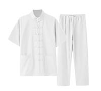 Caxndycing Completo in lino, da uomo, a maniche corte, leggero, per il tempo libero, con colletto rovesciato, in tinta unita, per vacanze, spiaggia, uso quotidiano, loungewear da uomo, bianco, L