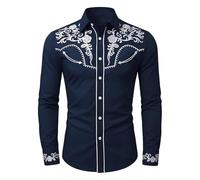 Caxndycing Costume da cowboy da uomo, camicia western con stampa, camicia da cowboy a maniche lunghe, camicia western, camicia a maniche lunghe con bottoni, camicia da lavoro, Blu marino, S
