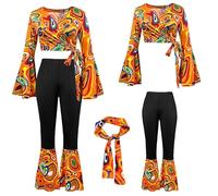 Caxndycing Costume hippie, da uomo, anni '70, stile retrò, da discoteca, da uomo, camicia e pantaloni a zampa, per Carnevale, per anni '50s 60s