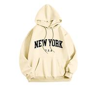 Caxndycing Felpa da uomo con cappuccio, New York, con stampa, maglione da uomo, oversize, a maniche lunghe, con cappuccio, Y2K, con tasche e coulisse, beige., L