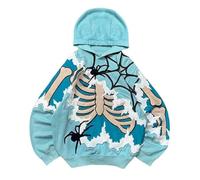 Caxndycing Felpa oversize con cappuccio da uomo con teschio stampato, per Halloween, costume da uomo, con scheletro gotico, Y2K Steampunk, maglione con cappuccio Streetwear Harajuku, Celeste., XL