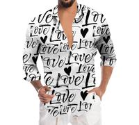 Caxndycing Maglietta da uomo per il tempo libero, vestibilità normale, hawaiana, per uomini, feste, spiaggia, estiva, con bottoni, motivo a cuore, camicia hawaiana, San Valentino, bianco, L