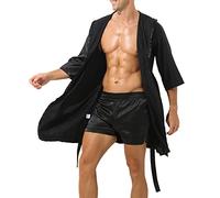 Caxndycing Pigiama corto da uomo, con cintura, sexy, da notte, a maniche corte, leggero, vestaglia e pantaloncini, estivo, tinta unita, Nero , L