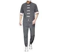 Caxndycing Set di 2 pezzi di lino da uomo stile cinese abito vintage manica 3/4 camicia di lino e pantaloni di lino tinta unita fatti a mano fibbia stile cinese abiti per Kungfu Tai Chi