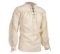 Caxndycing Steampunk Camicia da uomo medievale vittoriana per il tempo libero scozzese stile vittoriano, tessuto abbinato/simile al lino, a maniche lunghe, alla moda, non trasparente, Beige*1*, S