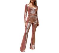 Caxndycing Tuta da donna con brillantini, elegante, a maniche lunghe, con scollo a V, lunga, con paillettes, con cintura, costume intero, Colore: rosa., L