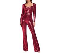 Caxndycing Tuta da donna con brillantini, elegante, a maniche lunghe, con scollo a V, lunga, con paillettes, con cintura, costume intero, rosa intenso, M