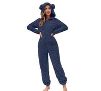 Caxndycing Tuta da donna, morbida, tuta intera e morbida, pigiama, invernale, calda, in peluche, per dormire, pigiama, con orecchie d'orso, Blu, L