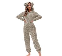 Caxndycing Tuta da donna, morbida, tuta intera e morbida, pigiama, invernale, calda, in peluche, per dormire, pigiama, con orecchie d'orso, cachi, XL
