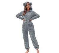 Caxndycing Tuta da donna, morbida, tuta intera e morbida, pigiama, invernale, calda, in peluche, per dormire, pigiama, con orecchie d'orso, grigio., M