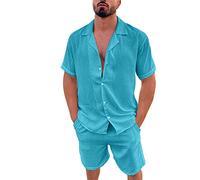 Caxndycing Tuta da uomo, in 2 pezzi, estiva, in cotone, lino, due pezzi, maschio, da spiaggia, a corde, con due pezzi, camicia a maniche corte, con coulisse, set elegante, maglione retrò, Blu, XXL