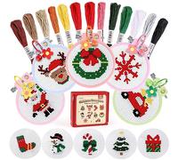 Caydo 46 Kit per Punto Croce Natalizio per Bambini - 10 Motivi Stampati, 5 Mini Cerchi da Ricamo, 13 Matasse di Filo, 5 Portachiavi, Strumenti e Istruzioni