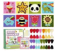 Caydo kit punto croce 8-in-1 per principianti bambini, include 8 tele in plastica con pre-pattern, 13 colori di fili, istruzioni, aghi da ricamo per principianti cucito