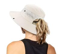 Caysep Cappello da sole da donna con foro a coda di cavallo in rete per esterni a tesa larga cappello da pesca da spiaggia con protezione UV, cappello pieghevole a secchiello, Beige, Taglia unica