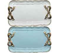 Cayway 2 Pz Vassoio Decorativo Vintage, Vassoio Porta Asciugamani, Piatto in Resina con Nodo a Fiocco per Vassoio Porta Asciugamani, Vassoio per Frutta, Porta Orecchini, Bianco e Blu