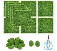Cayway 28 Pz Prato Artificiale Tappetino per Erba Artificiale, 12 Pz 15 x 15CM Tappeto Erboso Artificiale e 15 Pz Muschio Artificiale per Miniatura Decorazione Paesaggistica
