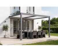 Cazeboo Pergola bioclimatica AGOSTA 4x3, addossata a parete, altezza 250cm - Alluminio grigio con doghe bianche