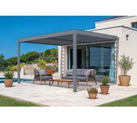 Cazeboo Pergola bioclimatica PIANA 4x3m addossata, in alluminio grigio con 3 persiane per la privacy.