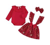 Caziffer Completo Natalizio per Neonata Pagliaccetto + Gonna a Bretelle + Fascia Tuta Vestitino Natale da Babbo Natale Elegante Principessa per Bambina 0-24 mesi (Rosso d, 12-18 mesi)