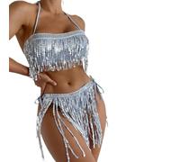 Caziffer Costume da bagno da donna, 2 pezzi, con frange, costume da bagno, da donna, con paillettes, sexy, con lacci, per spiaggia, piscina, Azzurro, S