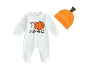 Caziffer Costume da bambino da bambina, costume di Halloween per bambini, 2 pezzi, tuta + cappello set My First Halloween per bambini 0-18 mesi (bianco A, 0-3 mesi)