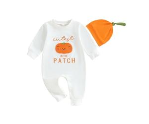 Caziffer Costume da bambino da bambina, costume di Halloween per neonato, 2 pezzi, tuta + cappello set My First Halloween per bambini 0-18 mesi (bianco, 0-3 mesi)