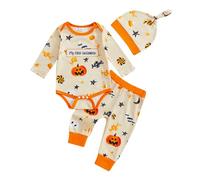 Caziffer Costume di Halloween per neonato, costume Halloween per bambini, vestito My First Halloweens, 3 pezzi pagliaccetto + pantaloni + cappello per ragazzi 0-18 mesi (arancione chiaro, 12-18 mesi)