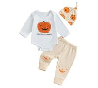 Caziffer Costume di Halloween per neonato, costume Halloween per bambini, vestito My First Halloweens, 3 pezzi, pagliaccetto + pantaloni + cappello per ragazzi 0-18 mesi (bianco A, 6-12 mesi)