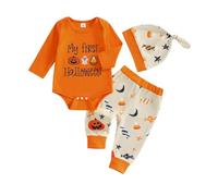 Caziffer Costume di Halloween per neonato, costume Halloween per bambini, vestito My First Halloweens, 3 pezzi, pagliaccetto + pantaloni + cappello per ragazzi 0-18 mesi (arancione, Newborn)