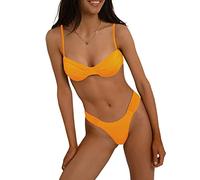 Caziffer Donne Nuotare Triangolo Bikini Suit Colore Solido Plissettato Bra + Pantaloncini Slip Costumi da Bagno Triangolo Halter Lace-up Costume da Bagno (Albicocca, M)