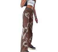 Caziffer Jeans a Gamba Larga da Donna a Vita Alta Jeans Dritti Larghi Casuali Pantaloni Larghi Stampati a Farfalla e Cuore Pantaloni in Denim Y2K Streetwear Fashion (Cuore Marrone, XL)