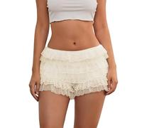 Caziffer Pantaloncini Donna A Strati con Volant Y2K Mini Pantaloncini Casual Vita Elastica Arco Davanti in Pizzo Tinta Unita Uscire Lolita Bloomers (B Albicocca, M)