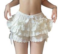 Caziffer Pantaloncini Donna A Strati con Volant Y2K Mini Pantaloncini Casual Vita Elastica Arco Davanti in Pizzo Tinta Unita Uscire Lolita Bloomers (A Bianco, L)