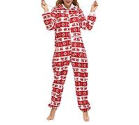 Caziffer Pigiama Donna Natale Intero in Peluche in Pile con Cappuccio Tuta Intera Jumpsuit da Donna Natalizio Monopezzo Onesie Pigiama (Cerbiatto Rosso, L)