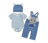 Caziffer Set 3 pezzi per il bambino Baby Boy Salopette a righe estive ricamate con cappello Outfit di animali carini per ragazzi 0-18 mesi (Blu, 0-3 Months)