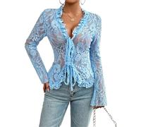 Caziffer Tops Pizzo da Donne Manica Lunga Casual Mesh Top Elegante Velato Basic Tie Front Camicette per Club Streetwear Vestiti Estetici (Blu, S)