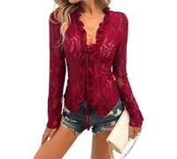 Caziffer Tops Pizzo da Donne Manica Lunga Casual Mesh Top Elegante Velato Basic Tie Front Camicette per Club Streetwear Vestiti Estetici (Rosso, L)