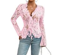 Caziffer Tops Pizzo da Donne Manica Lunga Casual Mesh Top Elegante Velato Basic Tie Front Camicette per Club Streetwear Vestiti Estetici (Rosa, L)