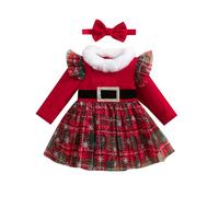 Caziffer Vestito Natalizio Neonata Abiti da Principessa a Maniche Lunghe + Fascia con Fiocco Abitini Natale in Peluche per Bambina 12 Mesi - 5 Anni (Multicolore, 18-24 Mesi)