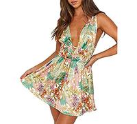 Caziffer Womens Halter Mini Dress Sexy Backless Floral Print Spaghetti Strap Dress Low Cut off Shoulder Bodycon Summer A-Line Boho Midi Sundress (Yellow, S)