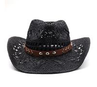 Cazqgoy Cappello da cowboy, unisex, Hollow Out Out Cowboy Sun Hat, Wide Brim, Straw Cowboy Hat Vintage Western Straw Cowgirl Hat Cowboy, Nero , L