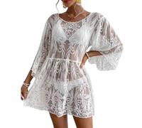 CAZSTYK Donne Tre Quarti Campane Maniche Spiaggia Coprire Accenti di Pizzo Tessuto di Poliestere Traspirante Texture per Occasioni All'aperto Casual Nuoto Coverup