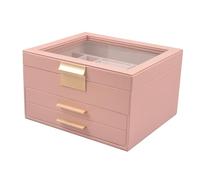 CAZSTYK Organizer per gioielli a tre strati con finestra superiore trasparente in pelle PU esterno accenti dorati fodera in flanella per collana finestra portagioie