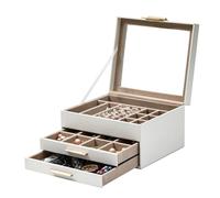 CAZSTYK Organizer per gioielli a tre strati con finestra superiore trasparente in pelle PU esterno accenti dorati fodera in flanella per collana finestra portagioie