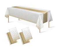 CAZSYSDD Confezione da 4 tovaglie in plastica usa e getta 137 x 274 cm e runner da tavola in raso, tovaglie per feste, coriandoli argentati a pois per compleanni (White Gold+Gold Table Runner)